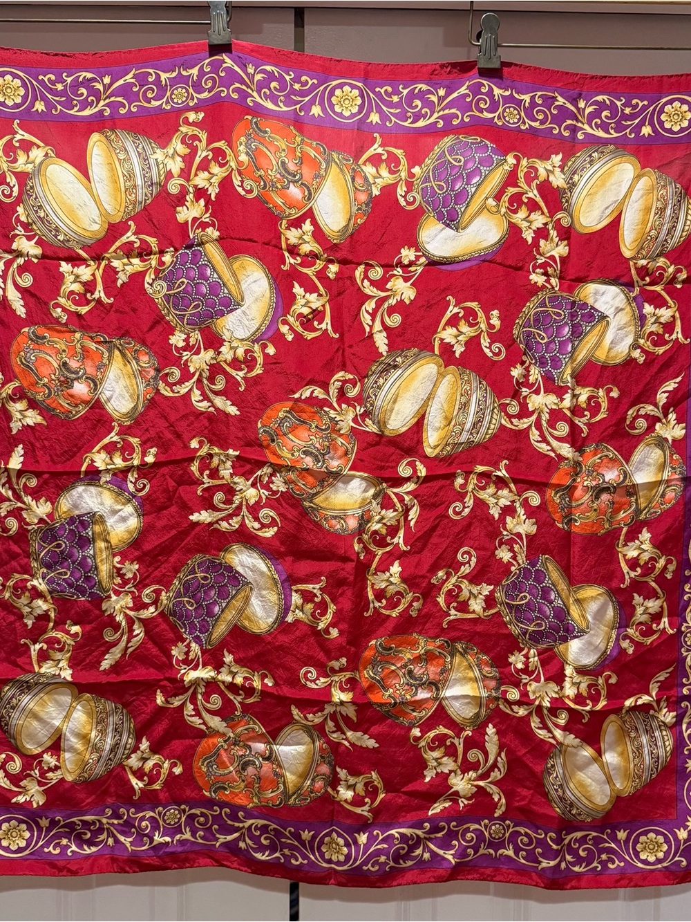 Vintage Italca 100% Silk Scarf Italy - Red Gold Fabergé Egg Baroque Pattern
